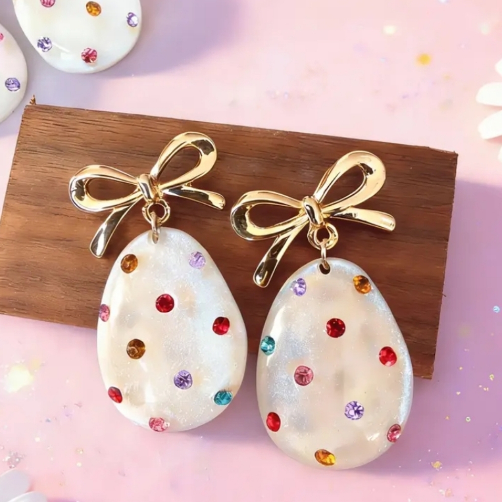 🆕️ Easter Shimmery Gold Bow and Gemstone Egg Earrings Large  NWOT - Picture 2 of 8